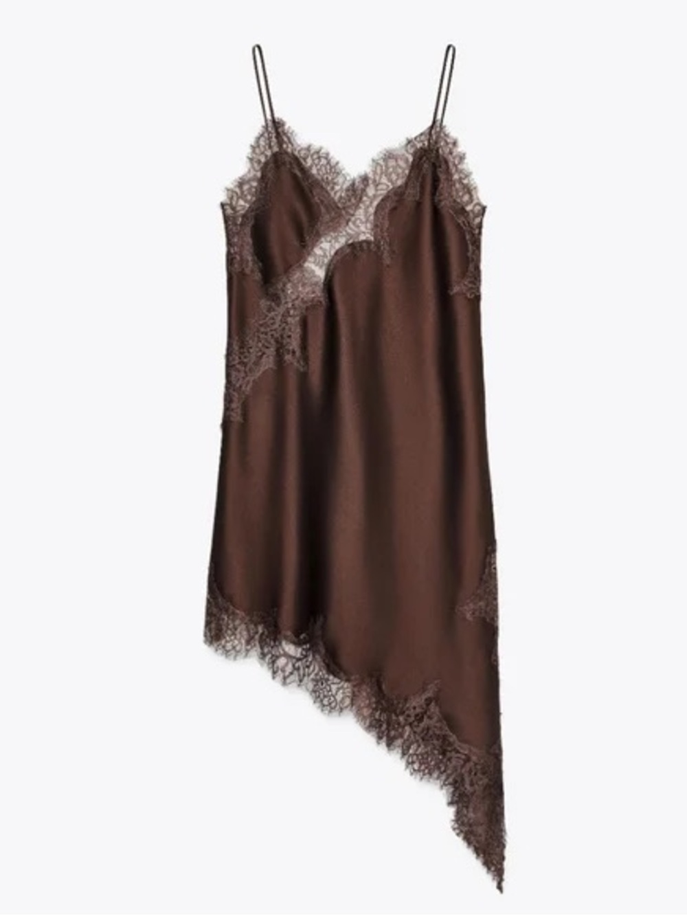 ZARA Satin Effect Chocolate Brown Lace Trim Asymmetric Slip Dress NWT - Picture 14 of 16